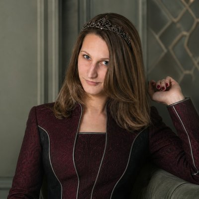 Tech Duchess, in a circuit-pattern jacket and tiara